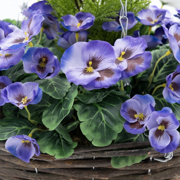 Artificial Purple & White Pansy Round Rattan Hanging Basket 40cm/16in