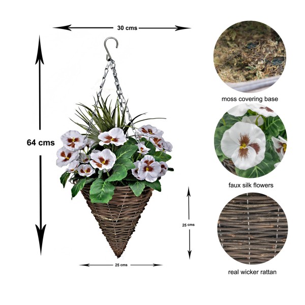 Artificial White Pansy Cone Shaped Rattan Hanging Basket (Set of 2) 