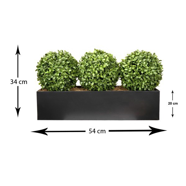 Artificial Topiary Triple Ball Aglaia Boxwood in Black Straight Tin Window Box 54cm/21in - GB1067
