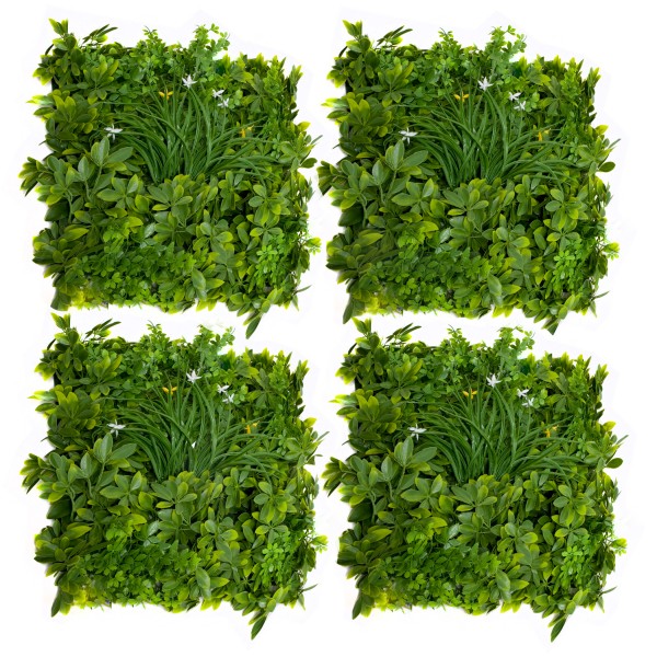 Artificial Green Wall Hedge with Mixed Leaf Foliage Yellow & White Flowers Pack of 4 x 50cm/20in