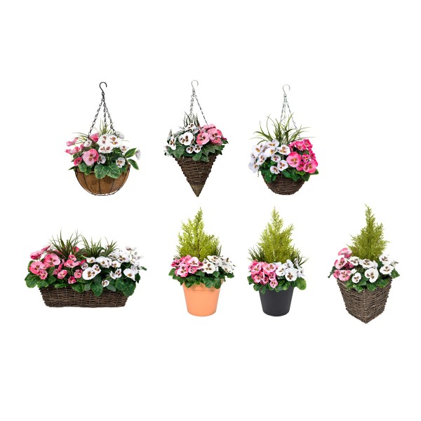 Artificial Pink & White Pansy Rattan Window Box 58cm/23in