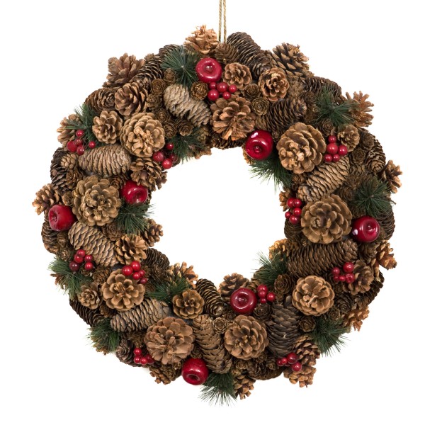 GreenBrokers Christmas Hanging Wreath 48cm Festive Pine Cones & Red Berries D1226