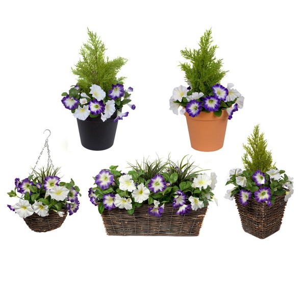 Artificial Purple & White Round Rattan Petunia Hanging Baskets (Set of 2)