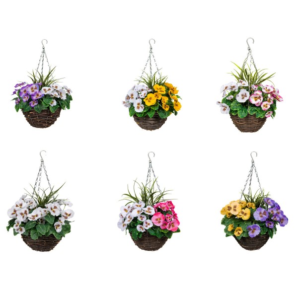 Artificial Soft Pink & White Pansy Round Rattan Hanging Basket  (Set of 2)