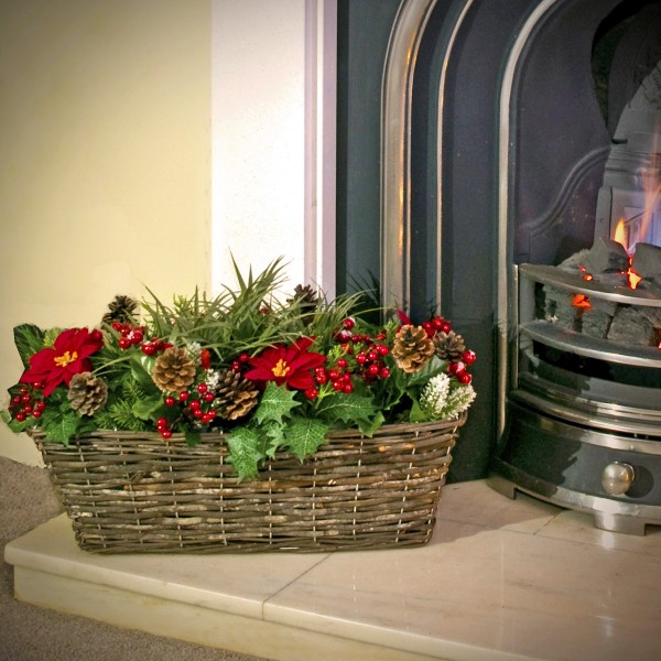 Artificial Christmas Window Box with Poinsettia Pinecones Berries