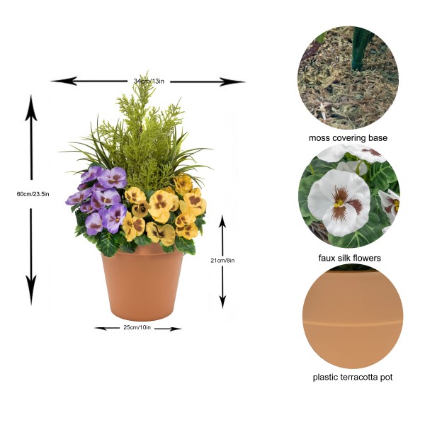 Artificial Purple & Yellow Pansy Terracotta Patio Planter 60cm/24in - GB1081