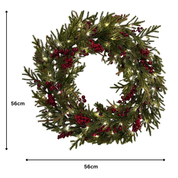GreenBrokers Pre-Lit Christmas Wreath with Pine Foliage & Red Berries D1336