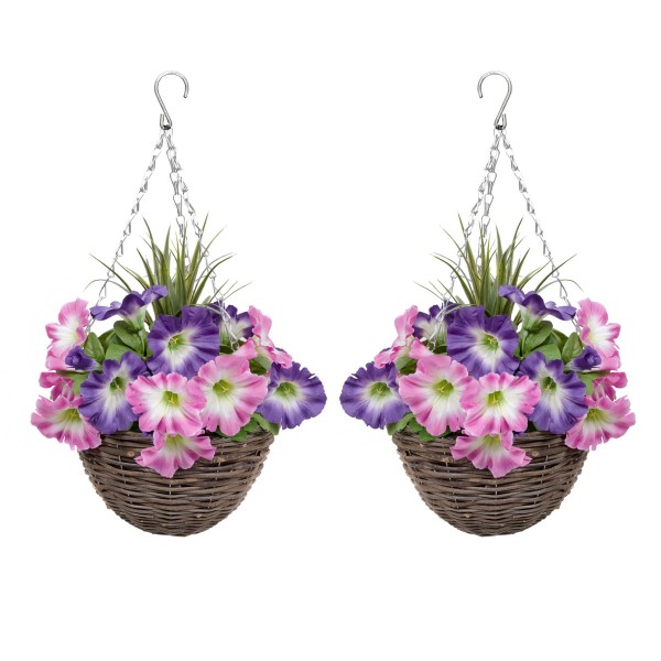 Artificial Pink & Purple Round Rattan Petunia Hanging Baskets (Set of 2) - GB1182