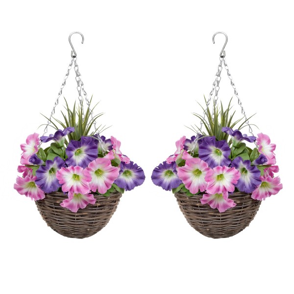 Artificial Pink & Purple Round Rattan Petunia Hanging Baskets (Set of 2)