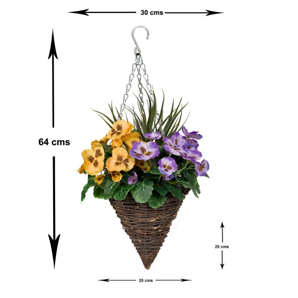 Artificial Purple & Yellow Pansy Cone Shaped Rattan Hanging Basket (Set