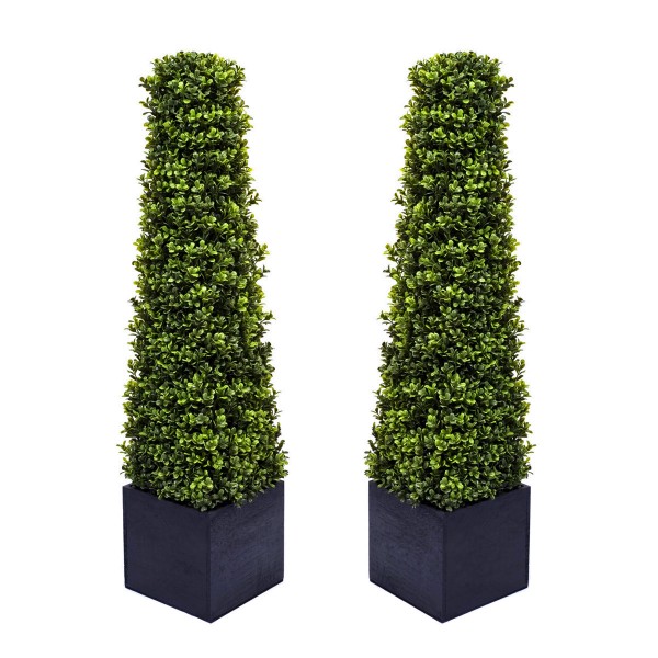 Artificial Premium Quality Boxwood Topiary Pyramid Trees in Black Square Planter 90cm/3ft (Set of 2) - GB1030