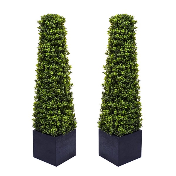 Artificial Premium Quality Boxwood Metal Framed Topiary Pyramid Trees in Black Square Planter 90cm/3ft (Set of 2)