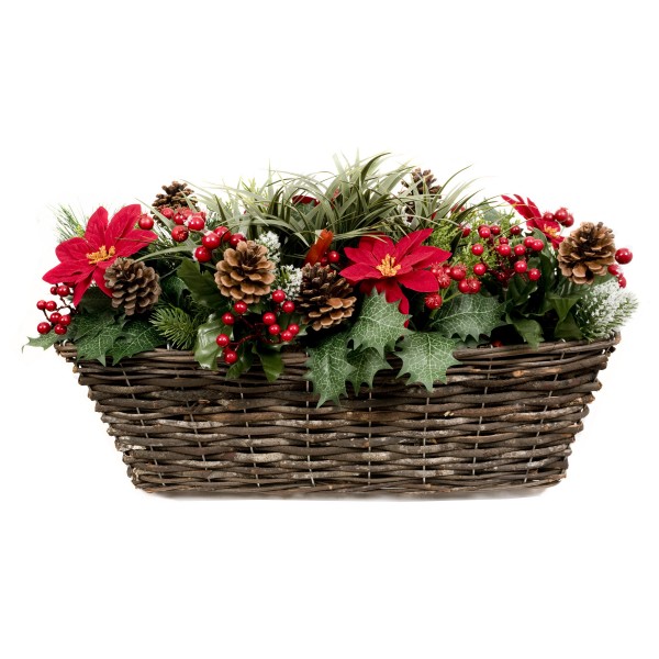 Artificial Christmas Window Box with Poinsettia Pinecones Berries & Conifer & Pine Greenery 