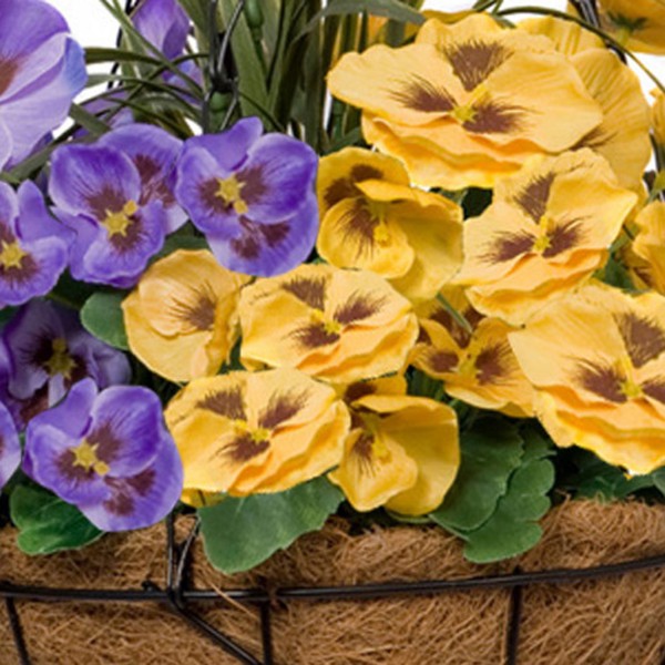 Artificial Purple & Yellow Pansy Round Coir Hanging Basket (Set of 2) 