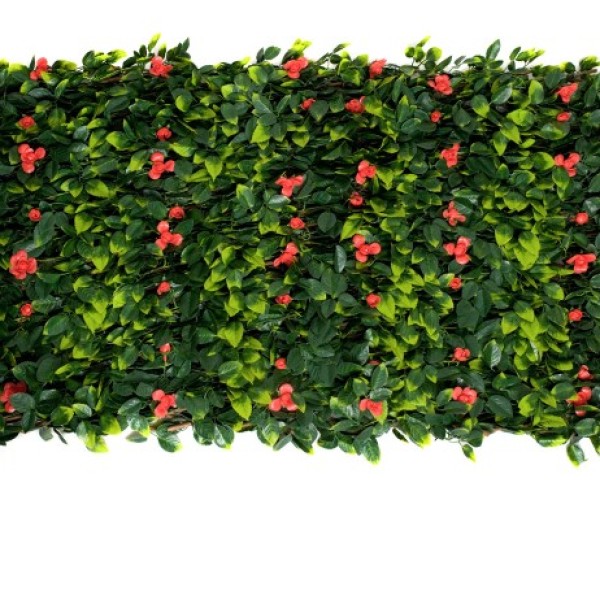 Artificial Expanding Green Wall Willow Trellis Fence with Green Foliage and Red Flowers (1m x 2m) - A1262