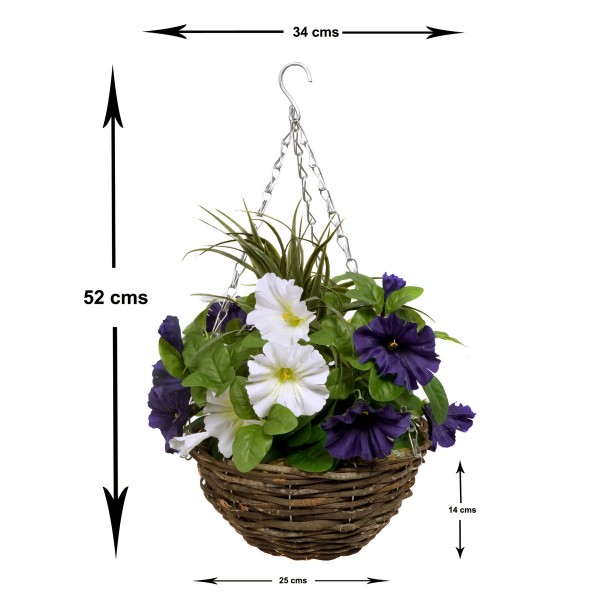 Artificial Dark Purple & White Round Rattan Petunia Hanging Baskets (Set of 2)