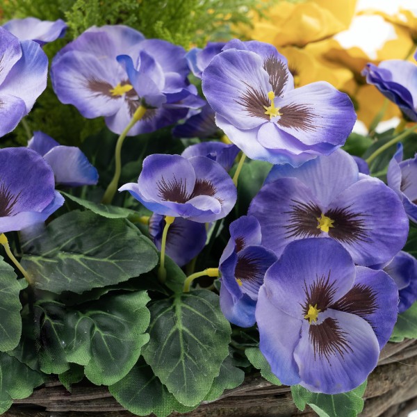Artificial Purple & Yellow Pansy Round Rattan Hanging Basket 40cm/16in