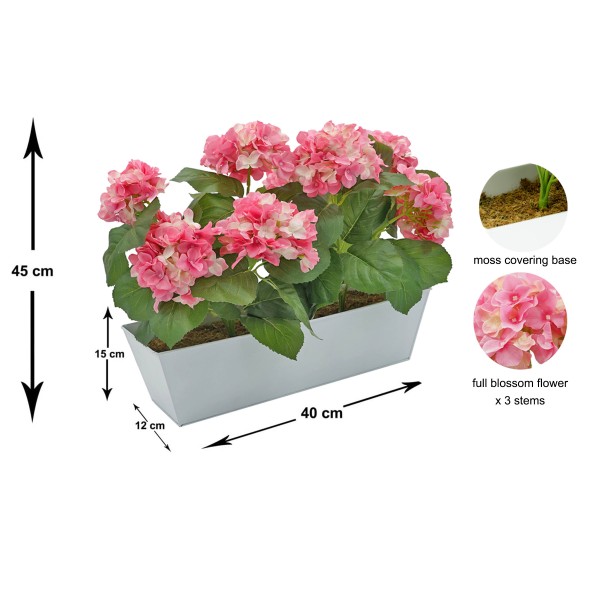 Artificial Pink Hydrangea in White Metal Window Box - GB1384