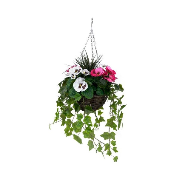 Artificial Pink and White Pansy Hanging Basket with Ivy (25cm) - A1452-GB