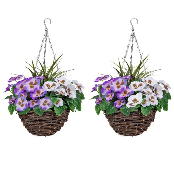 Artificial Purple & White Pansy Round Rattan Hanging Baskets (Set of 2) GB1013