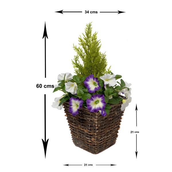 Artificial Purple & White Petunia Rattan Patio Planters 60cm/24in (Set of 2)