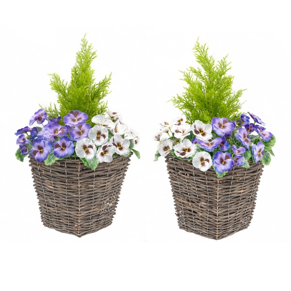 Artificial Purple & White Pansy Rattan Patio Planter 60cm/24in (Set of 2) - GB1016