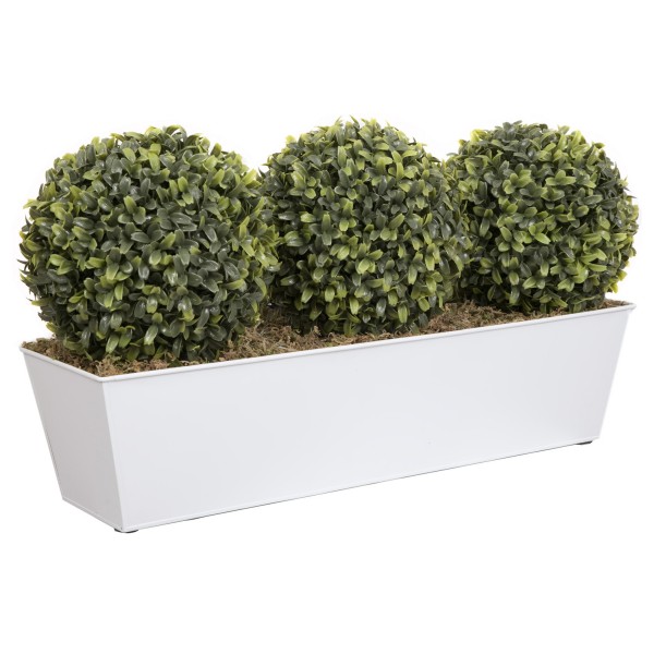 Artificial Topiary Triple Ball Aglaia Boxwood in White Slanted Tin Window Box 54cm/21in