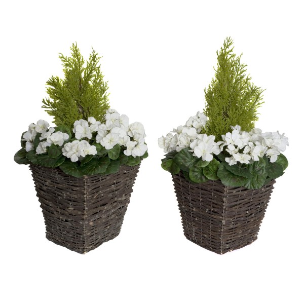 Artificial White Geranium Rattan Patio Planters (Set of 2) 60cm/24in - GB1259