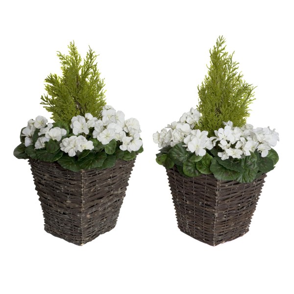 Artificial White Geranium Rattan Patio Planters (Set of 2) 60cm/24in