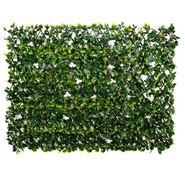 Artificial Expanding Green Wall Willow Trellis Fence with Green Foliage and White Flowers (1m x 2m) - A1150