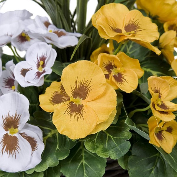 Artificial Yellow & White Pansy Cone Shaped Rattan Hanging Basket (Set of 2)
