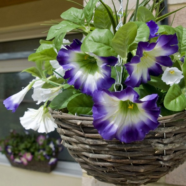 Artificial Dark Purple & White Round Rattan Petunia Hanging Baskets (Set of 2) - GB1183