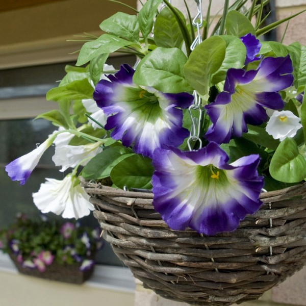 Artificial Dark Purple & White Round Rattan Petunia Hanging Baskets (Set of 2)