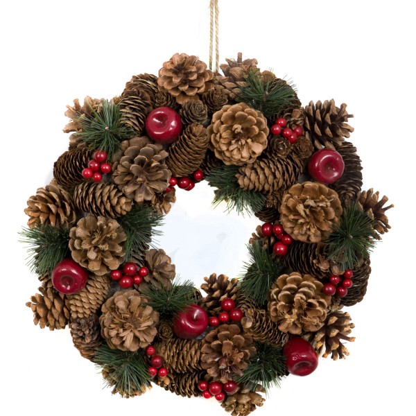 GreenBrokers Christmas Hanging Wreath 37cm Festive Pine Cones & Red Berries D1225