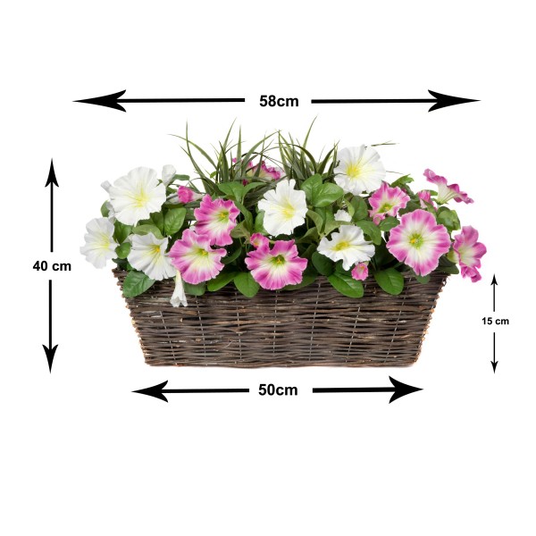 Artificial Pink & White Petunia Rattan Window Box 58cm/23in - GB1196