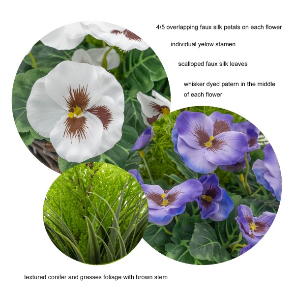 Artificial Purple & White Pansy Black Patio Planter 60cm/24in - GB1078