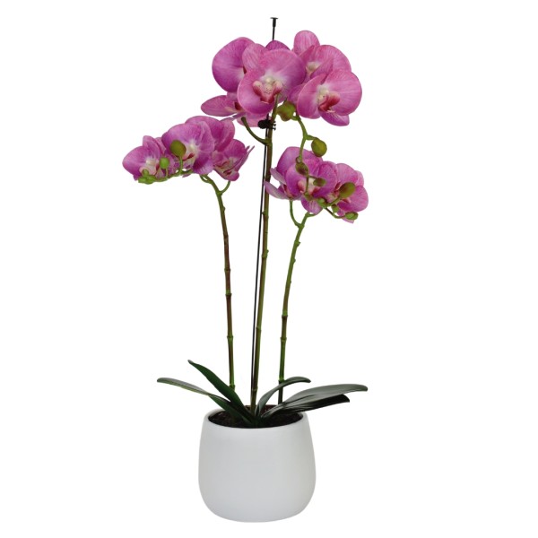 Elegant Large Triple Stem Pink Real Touch Artificial Potted Orchid (65cm) in Round White Ceramic Pot G1317