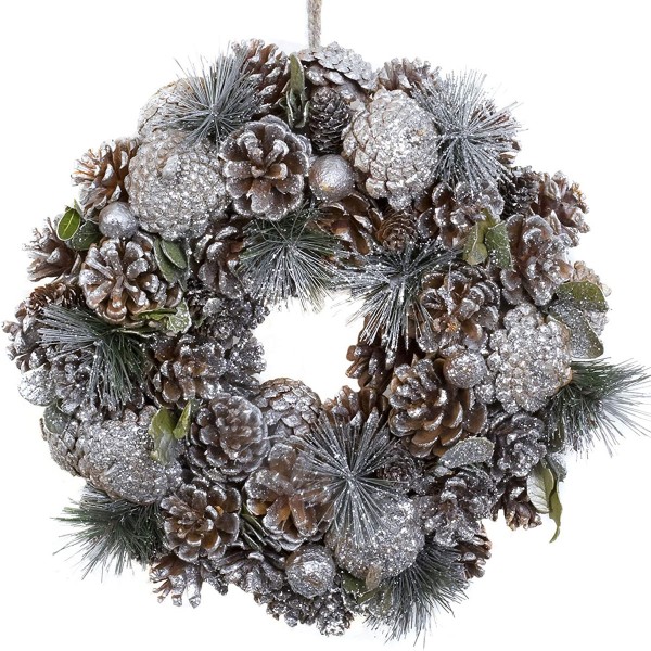 Christmas Hanging Wreath Festive Silver Display with Pine Cones 30cm