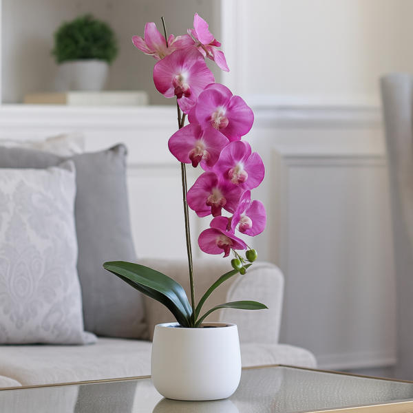 Elegant Large Single Stem Pink Real Touch Artificial Potted Orchid (65cm) in Round White Ceramic Pot A1318