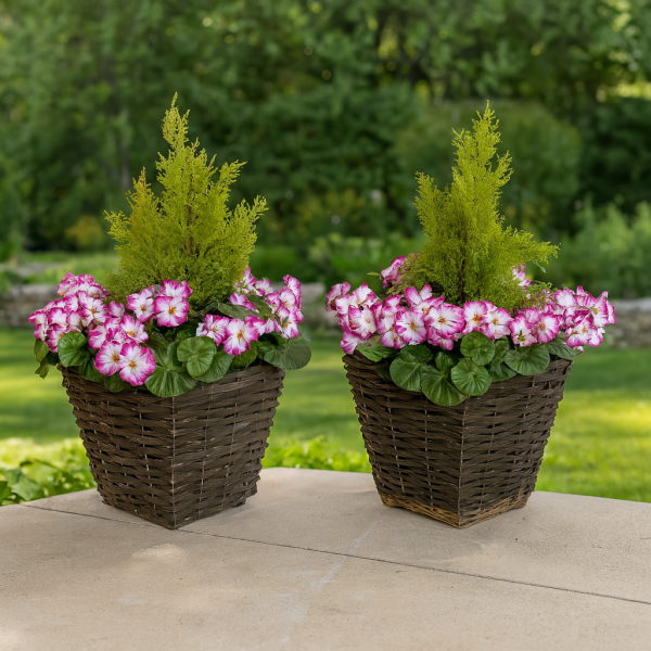 Artificial Purple Geranium Rattan Patio Planters (Set of 2) 60cm/24in - GB1258