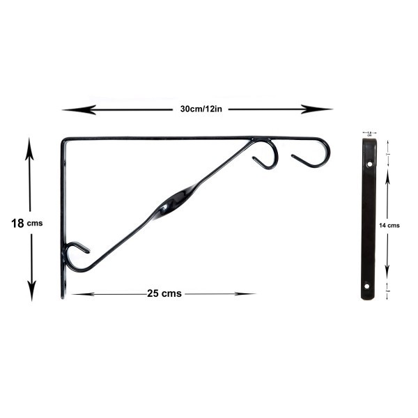 2 x Black Plastic Coated Single Twist Hanging Basket Bracket 12in/30cm - A1407