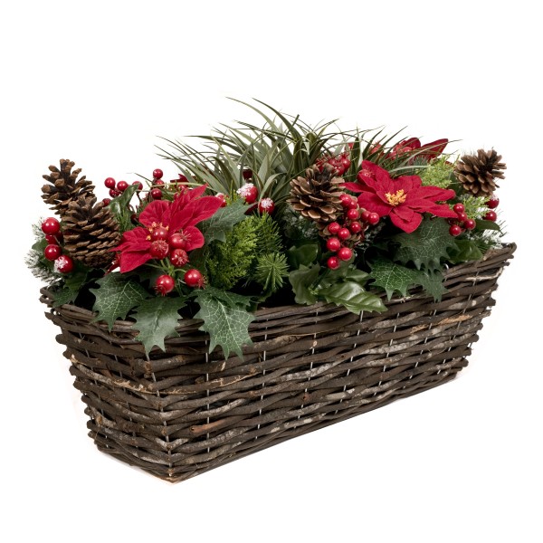 Artificial Christmas Window Box with Poinsettia Pinecones Berries
