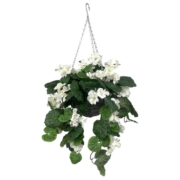 Artificial White Geranium Grey Rattan Hanging Basket with Vine (25cm)