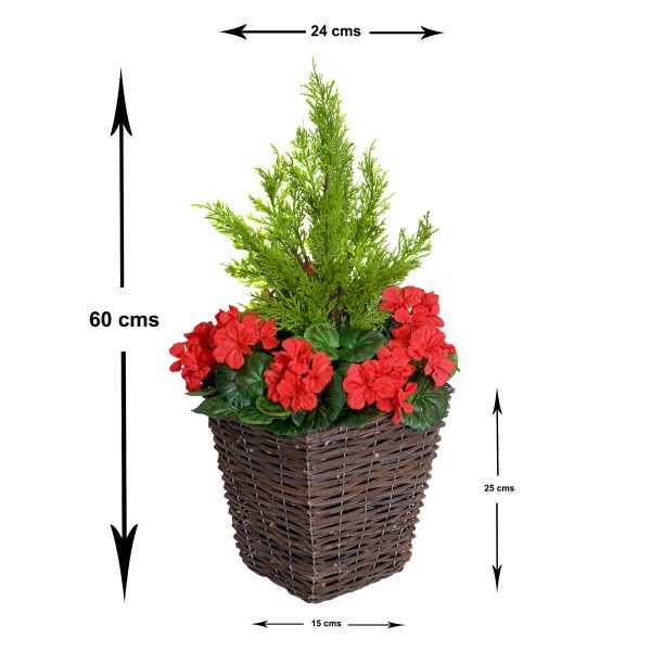 Artificial Red Geranium Rattan Patio Planters (Set of 2) 60cm/24in - GB1256
