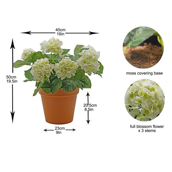 Artificial White Hydrangea in Terracotta Pot 50cm/20in - A1309
