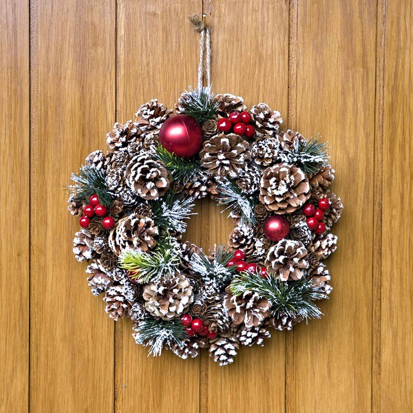Christmas Hanging Wreath Festive PineCone Display White Frosting 32cm 