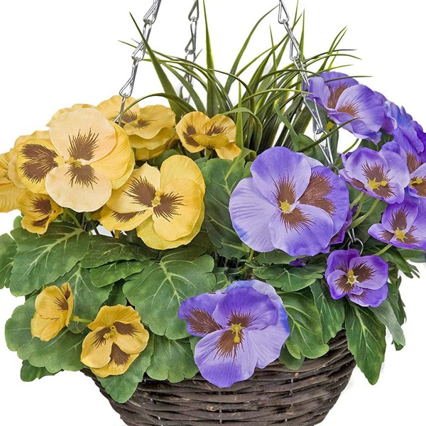 Artificial Purple & Yellow Pansy Round Rattan Hanging Basket (Set of 2) - GB1010