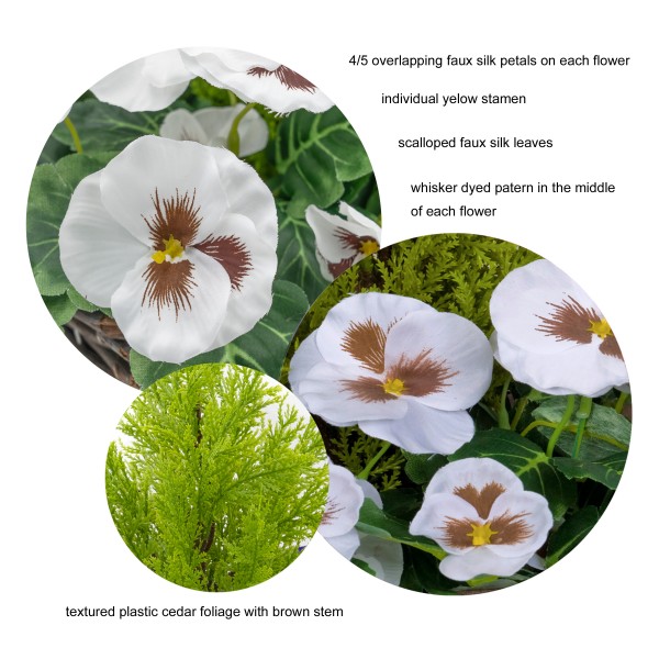 Artificial White Pansy Conifer Rattan Patio Planter  60cm/24in (Set of 2) - GB1014