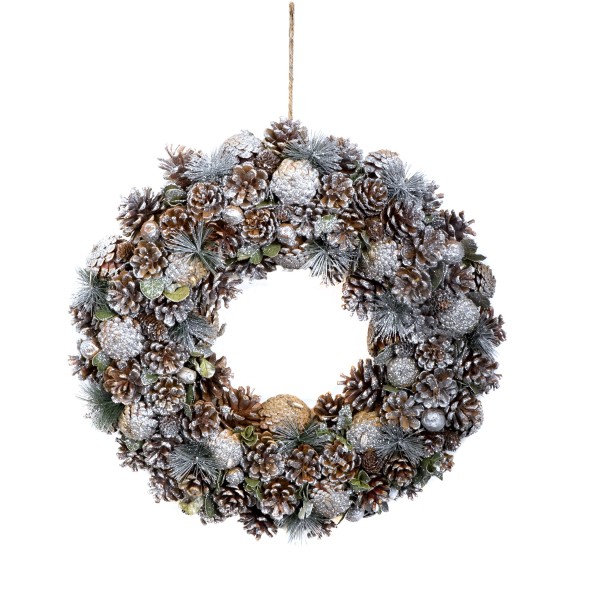 GreenBrokers Christmas Wreath 48cm Silver Pine Cones Fir Sprigs & Baubles D1232