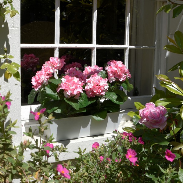 Artificial Pink Hydrangea in White Metal Window Box - GB1384